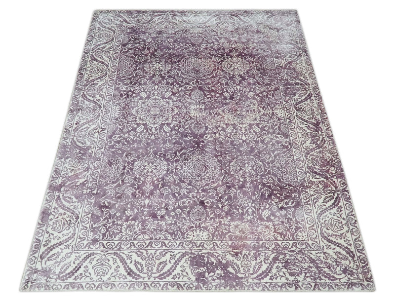 Premium Floral Medallion Purple and Ivory 5.6x7.9 Viscose Area Rug