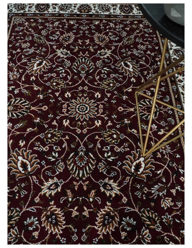 Premium Look 5x7 Woven Maroon and Ivory Traditional Pattern Area Rug