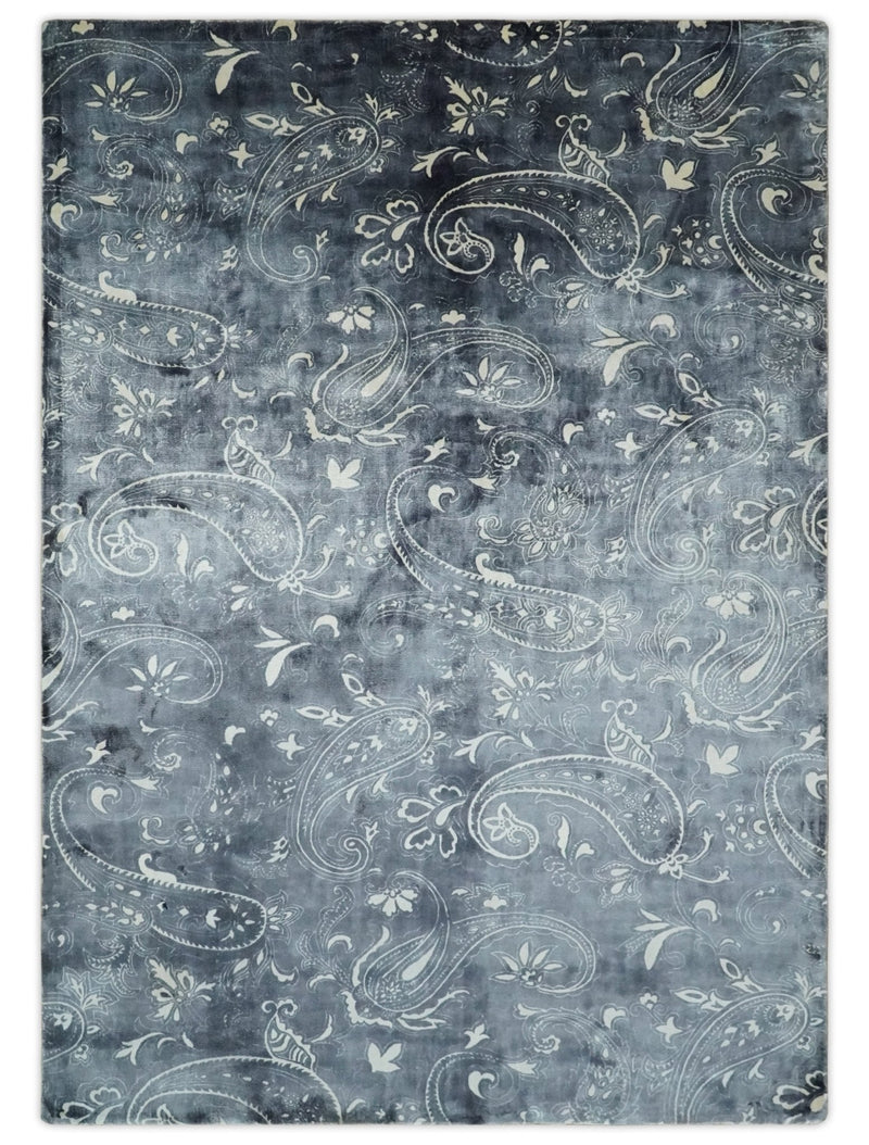 Premium look Charcoal, Ivory and Silver Hand loom Traditional Boteh Design Wool and Viscose Area Rug