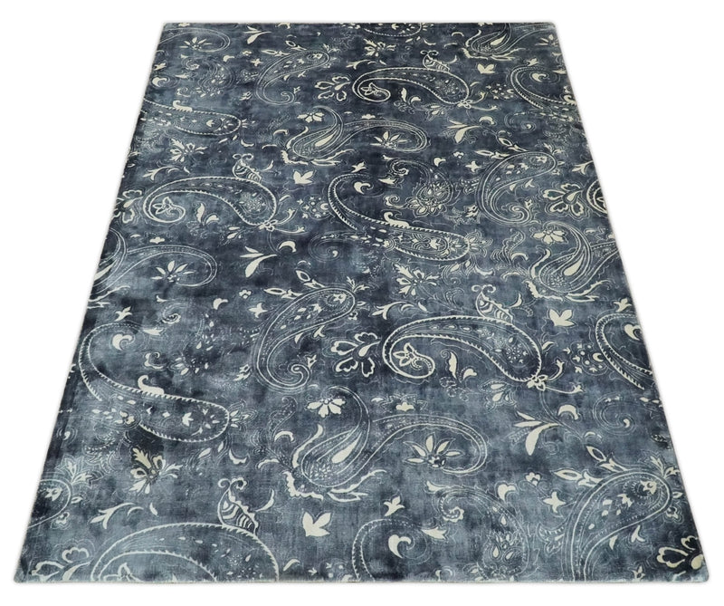 Premium look Charcoal, Ivory and Silver Hand loom Traditional Boteh Design Wool and Viscose Area Rug