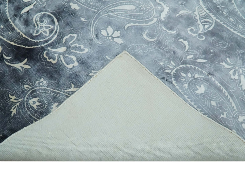 Premium look Charcoal, Ivory and Silver Hand loom Traditional Boteh Design Wool and Viscose Area Rug