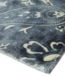 Premium look Charcoal, Ivory and Silver Hand loom Traditional Boteh Design Wool and Viscose Area Rug
