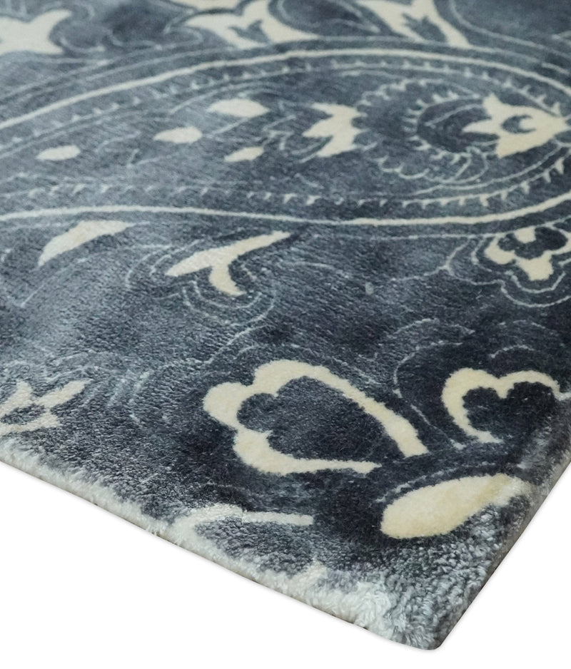 Premium look Charcoal, Ivory and Silver Hand loom Traditional Boteh Design Wool and Viscose Area Rug