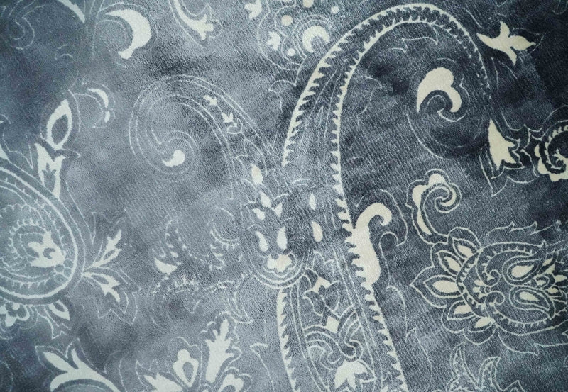 Premium look Charcoal, Ivory and Silver Hand loom Traditional Boteh Design Wool and Viscose Area Rug