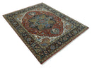 Premium look Rust, Blue and Olive 8x10 Fine Hand Knotted Traditional Heriz wool area rug by The Rug Decor