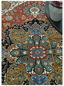 Premium look Rust, Blue and Olive 8x10 Fine Hand Knotted Traditional Heriz wool area rug by The Rug Decor