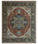 Premium look Rust, Blue and Olive 8x10 Fine Hand Knotted Traditional Heriz wool area rug by The Rug Decor