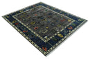 Premium look Vibrant Colorful Charcoal, Blue and Ivory Hand knotted Traditional Floral 8x10 wool Area Rug by The Rug Decor