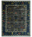 Premium look Vibrant Colorful Charcoal, Blue and Ivory Hand knotted Traditional Floral 8x10 wool Area Rug by The Rug Decor