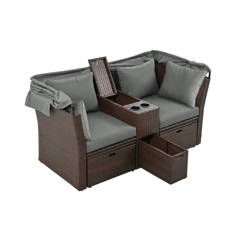 Alora Premium Outdoor 2-Seater Patio Daybed With Foldable Awning, Cushions, And Rattan Frame (SAK90233)