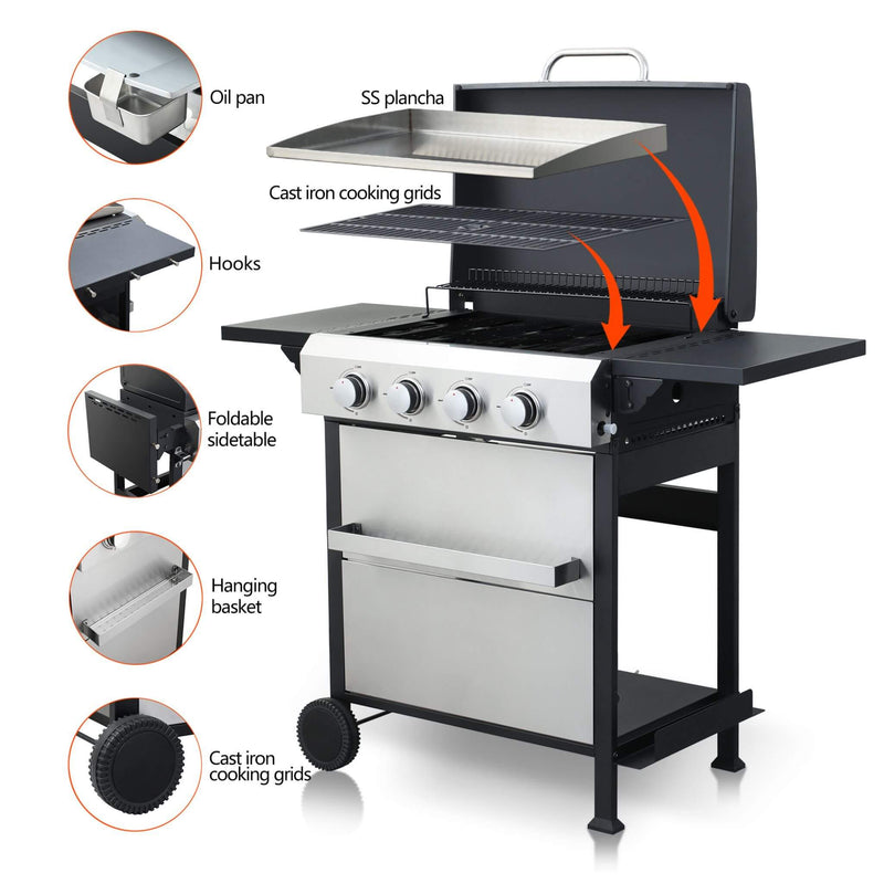 Premium Outdoor 4-Burner Propane BBQ Grill With Foldable Side Tables, Hanging Basket, And Cooking Grids (SAK53213)