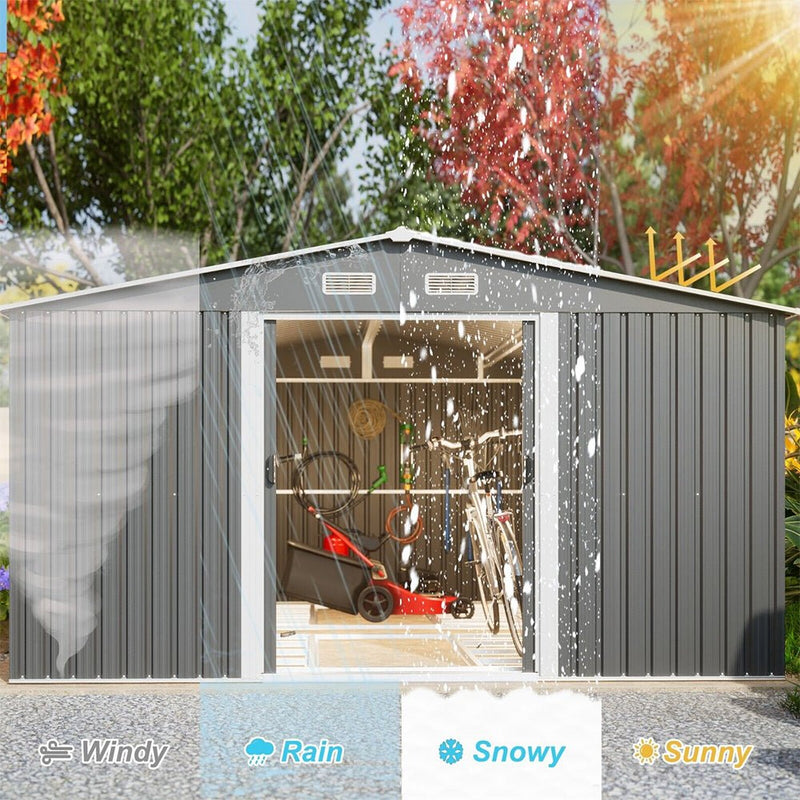Premium Outdoor Galvanized Steel Backyard Storage Shed W/ Dual Lockable Sliding Doors, 11x13' (95382641)