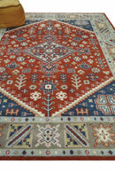 Rust Blue Beige Wool Area Rug - Hand Knotted Traditional Heriz