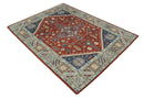 Rust Blue Beige Wool Area Rug - Hand Knotted Traditional Heriz