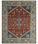 Premium Style Rust, Blue and Beige Hand Knotted Traditional Heriz wool Area Rug