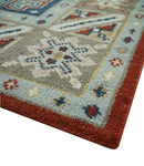 Rust Blue Beige Wool Area Rug - Hand Knotted Traditional Heriz