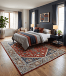 Rust Blue Beige Wool Area Rug - Hand Knotted Traditional Heriz