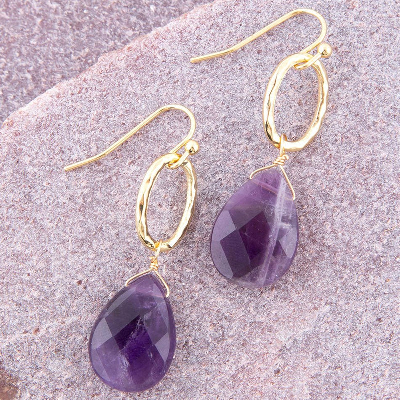 Pretty Drops of Purple Amethyst Golden Drop Earrings