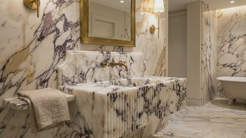Calacatta Viola Marble Wall-mount Bathroom Vanity Sink Fluted Front (W)21" (L)37" (H)12"