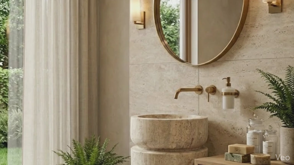 Troia Light Travertine Designer Pedestal Stand-Alone Sink (W)18" (L)18" (H)33"