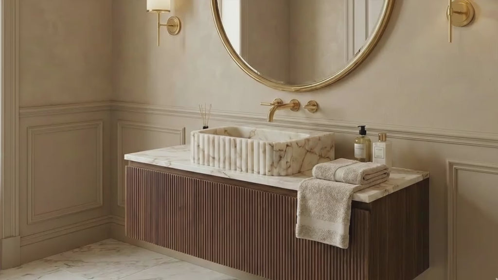 Calacatta Gold Marble Wall-mount Bathroom Vanity Sink Fluted (W)16" (L)20" (H)6"