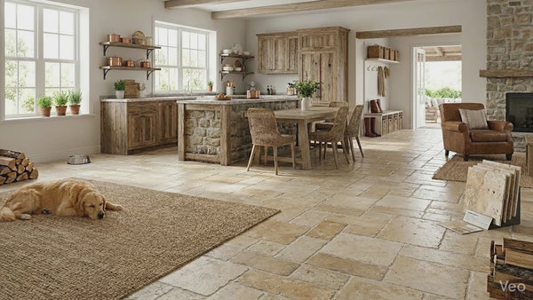Mina-rustic-antique-French-pattern-set-travertine-tile-size-pattern-set-surface-brushed-chiseled-SKU-10076469 video