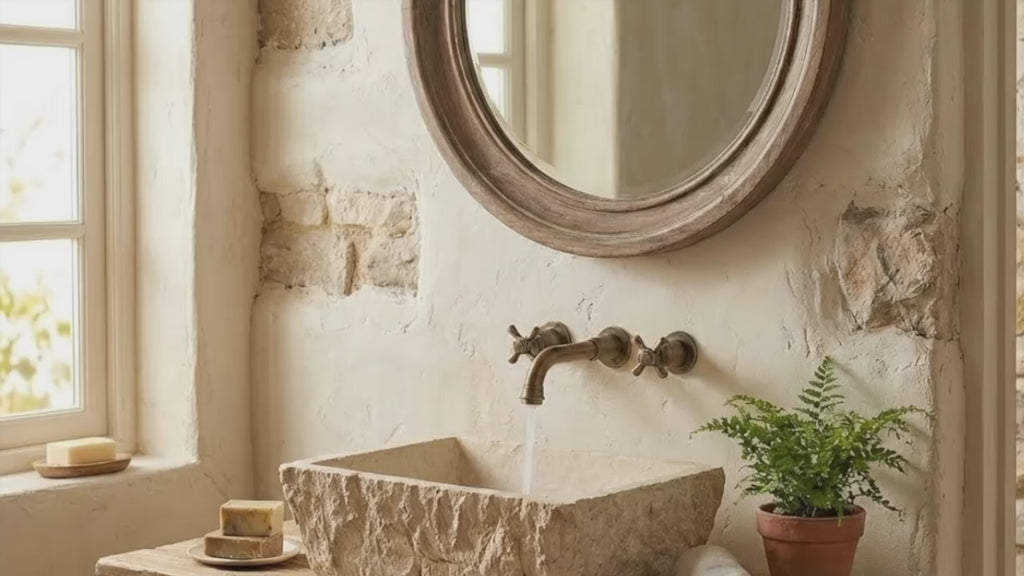 Troia Light Rustic Travertine Rectangular Above Vanity Bathroom Sink Hand Chiseled Exterior