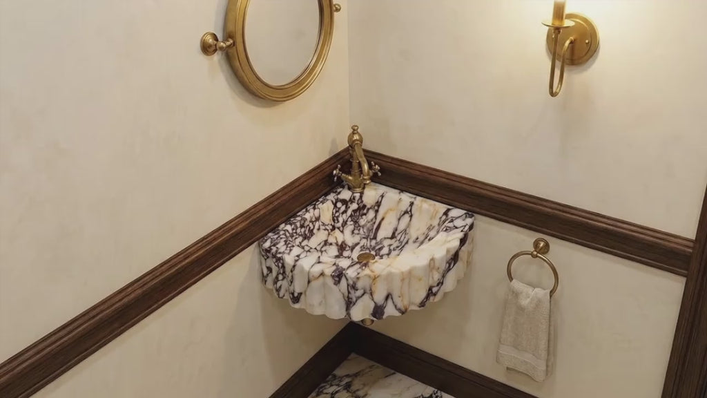 Calacatta Viola Marble Wall-mount Bathroom Corner Vanity Sink Ribbed (W)20" (L)20" (H)7"