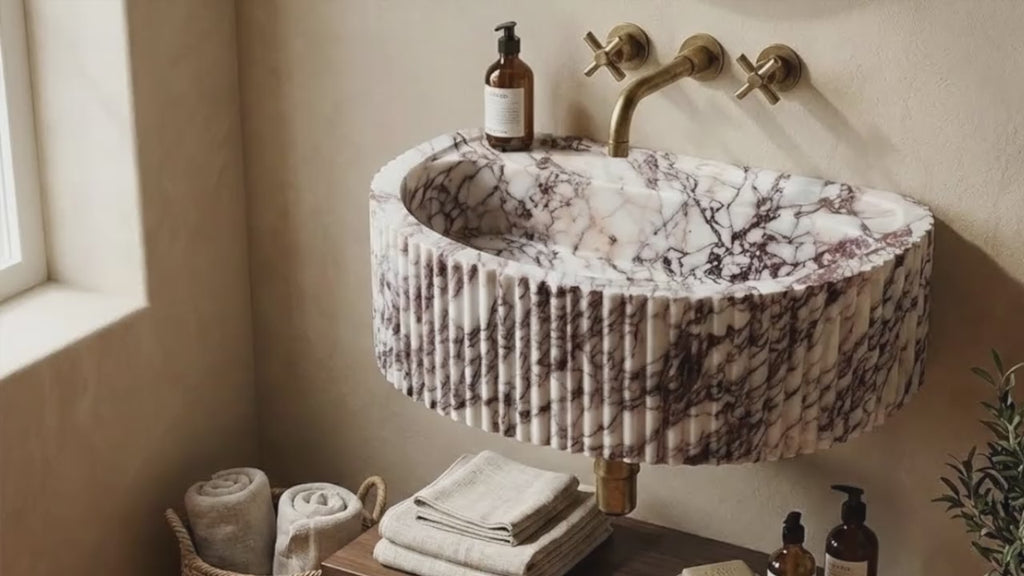 Calacatta Viola Marble Wall-Mount Fluted Half-Round Bathroom Sink (W)16" (L)24" (H)8"