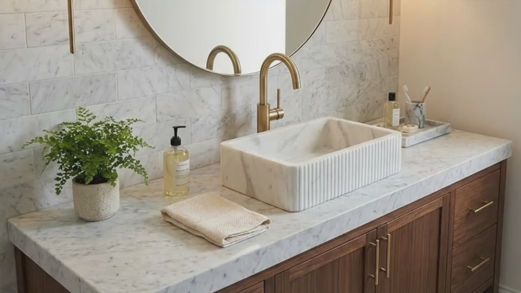 Carrara White Marble Wall-mount Bathroom Sink Ribbed Textured (W)16" (W)24" (H)6"