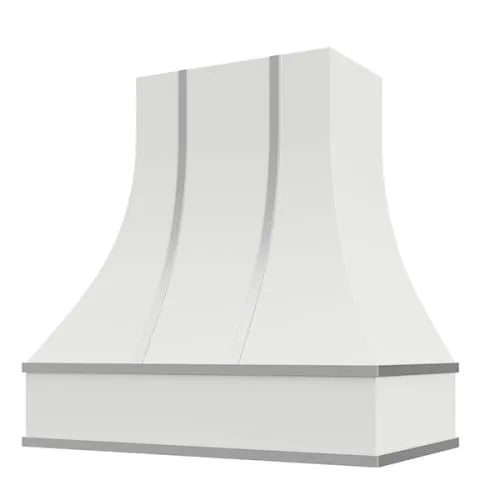 Primed Range Hood With Curved Front, Silver Strapping and Block Trim - 30", 36", 42", 48", 54" and 60" Widths Available