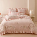 GobekUsa Butterflies & Flowers Embroidery Ruffles Princess Bedding Set - 4Pcs