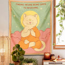 Psychedelic green & pink cat tapestry sun moon bedroom decor by Decorbites