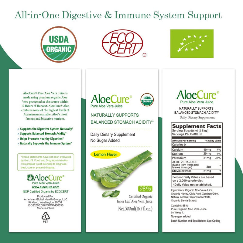 Pure Aloe Vera Juice Lemon Flavor - USDA Certified Organic