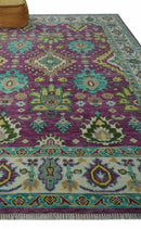 Purple, Ivory, Green and Aqua Hand Knotted Traditional Oushak 9x12 wool Area Rug by The Rug Decor