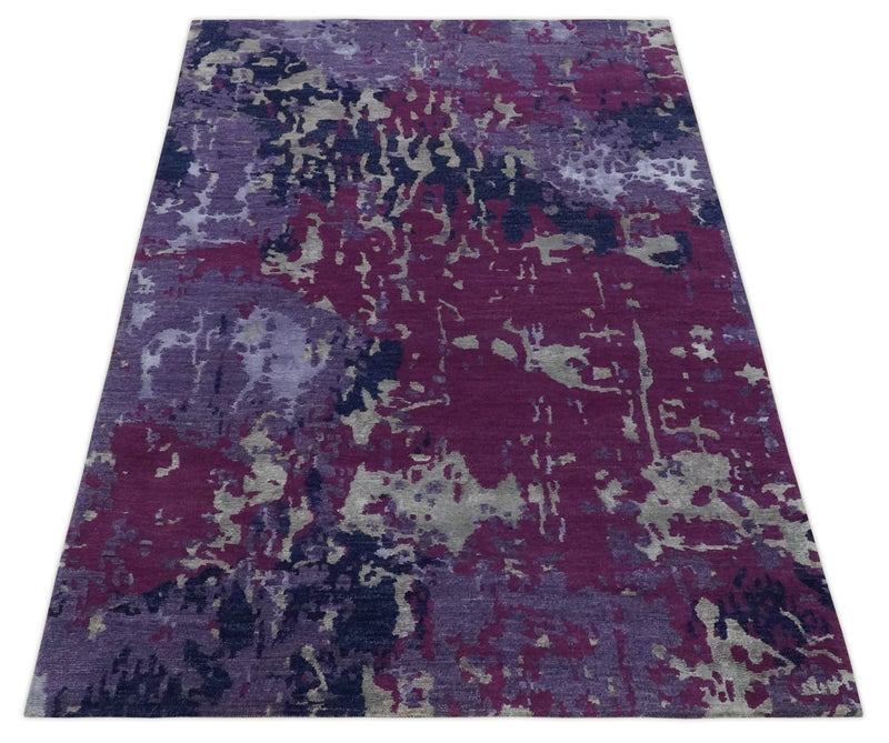 Purple, Violet, Gray and Blue Hand Knotted 4x6 Abstract Wool and Viscose Area Rug