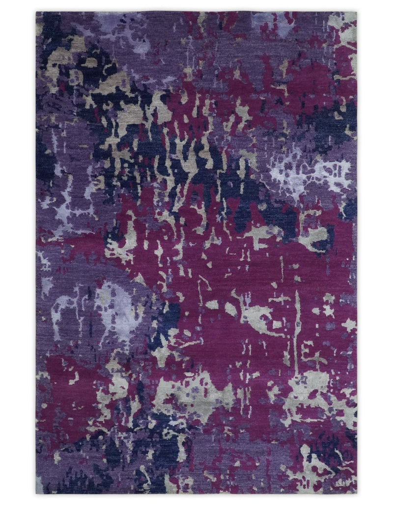Purple, Violet, Gray and Blue Hand Knotted 4x6 Abstract Wool and Viscose Area Rug