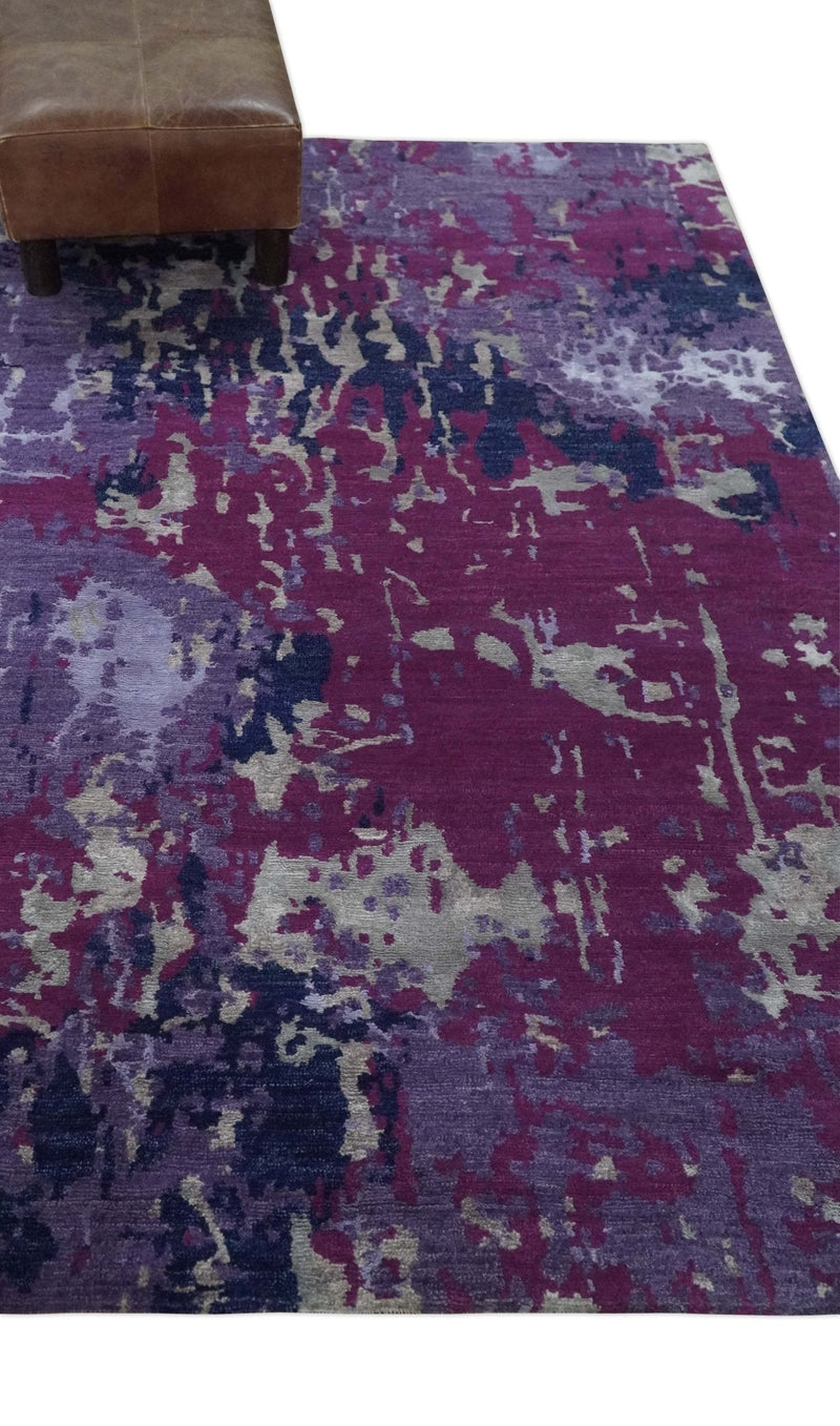 Purple, Violet, Gray and Blue Hand Knotted 4x6 Abstract Wool and Viscose Area Rug