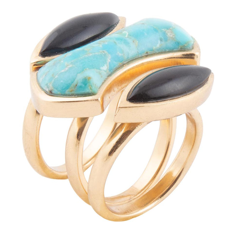 Puzzle Blue Turquoise and Black Onyx Golden Ring Set