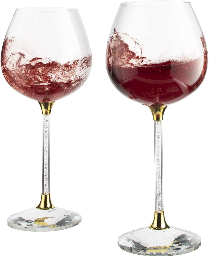 Crystal Wine Glasses Diamond Filled Stem, White and Red Wine, With Laser Cut Diamond Base Large 18 Ounces