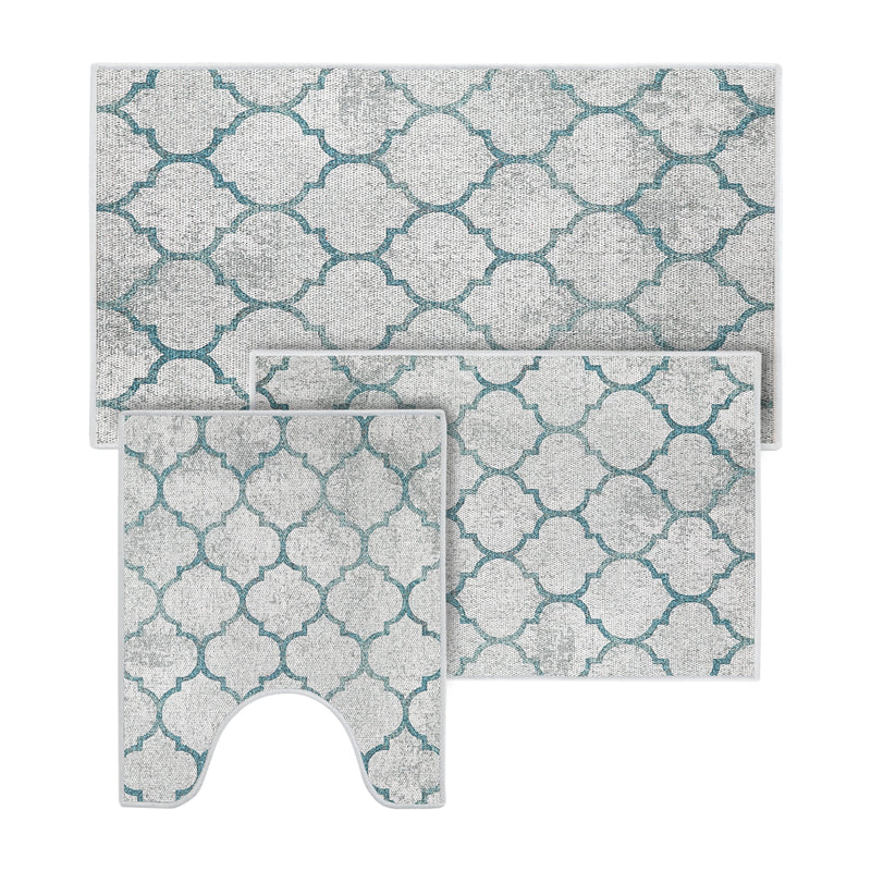 Geometric Design 3 Piece Bathroom Rugs Set | Gray&Teal