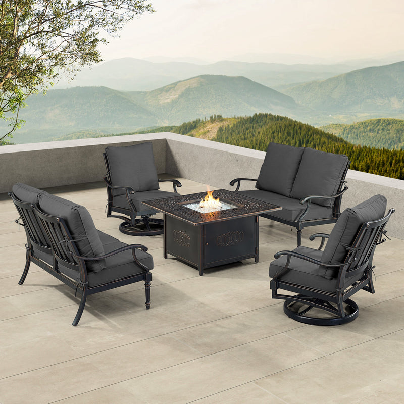 Black Aluminum Fire Table Set with Two Loveseats and Two Club Chairs