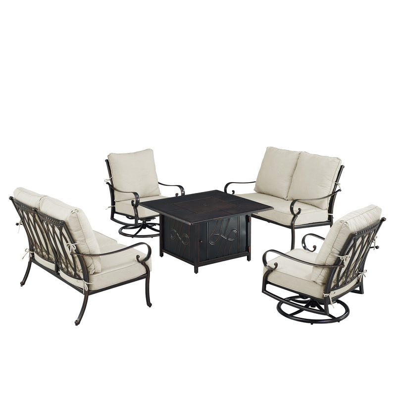 Black Aluminum Fire Table Set with Two Loveseats and Two Club Chairs