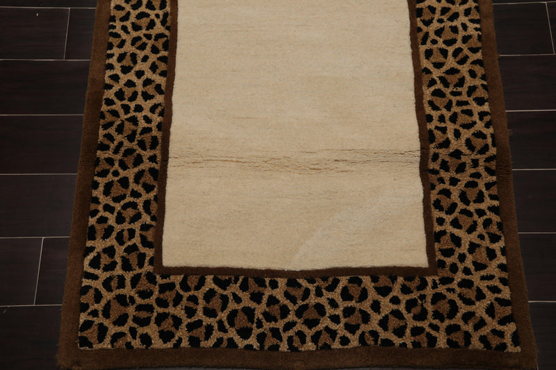 3'3" x 5'3"  Handmade 100% Wool Cheetah Print Border Oriental Area Rug Ivory
