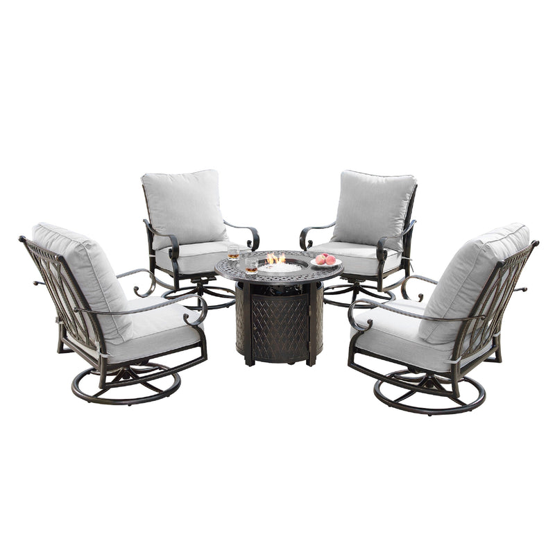 Aluminum 34-in Round Patio Fire Table Set with Swivel Rocking Chairs