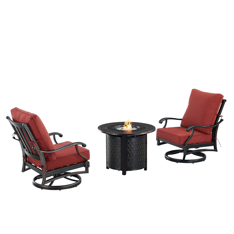 Black Aluminum Fire Table Bistro Set with Two Club Chairs