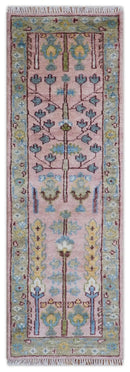Quick Ship 2.6x8 Hand Knotted Tree of life Pink And Olive Wool Rug by The Rug Decor
