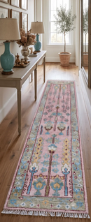 Quick Ship 2.6x8 Hand Knotted Tree of life Pink And Olive Wool Rug by The Rug Decor