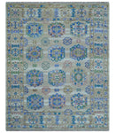 Quick Ship Beige And Blue Transitional Hand Knotted 8x10 Wool Rug
