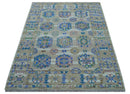 Quick Ship Beige And Blue Transitional Hand Knotted 8x10 Wool Rug